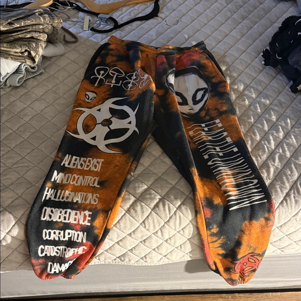 Custom Tie-Dye Graphic Sweatpants in Orange & Black